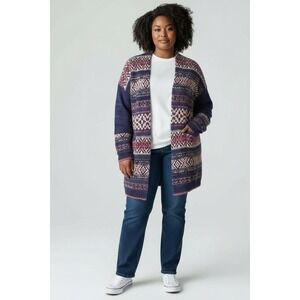 Chaps 2X Fair Isle Open Front Long Cardigan Navy Pink Beige Knit Women's
